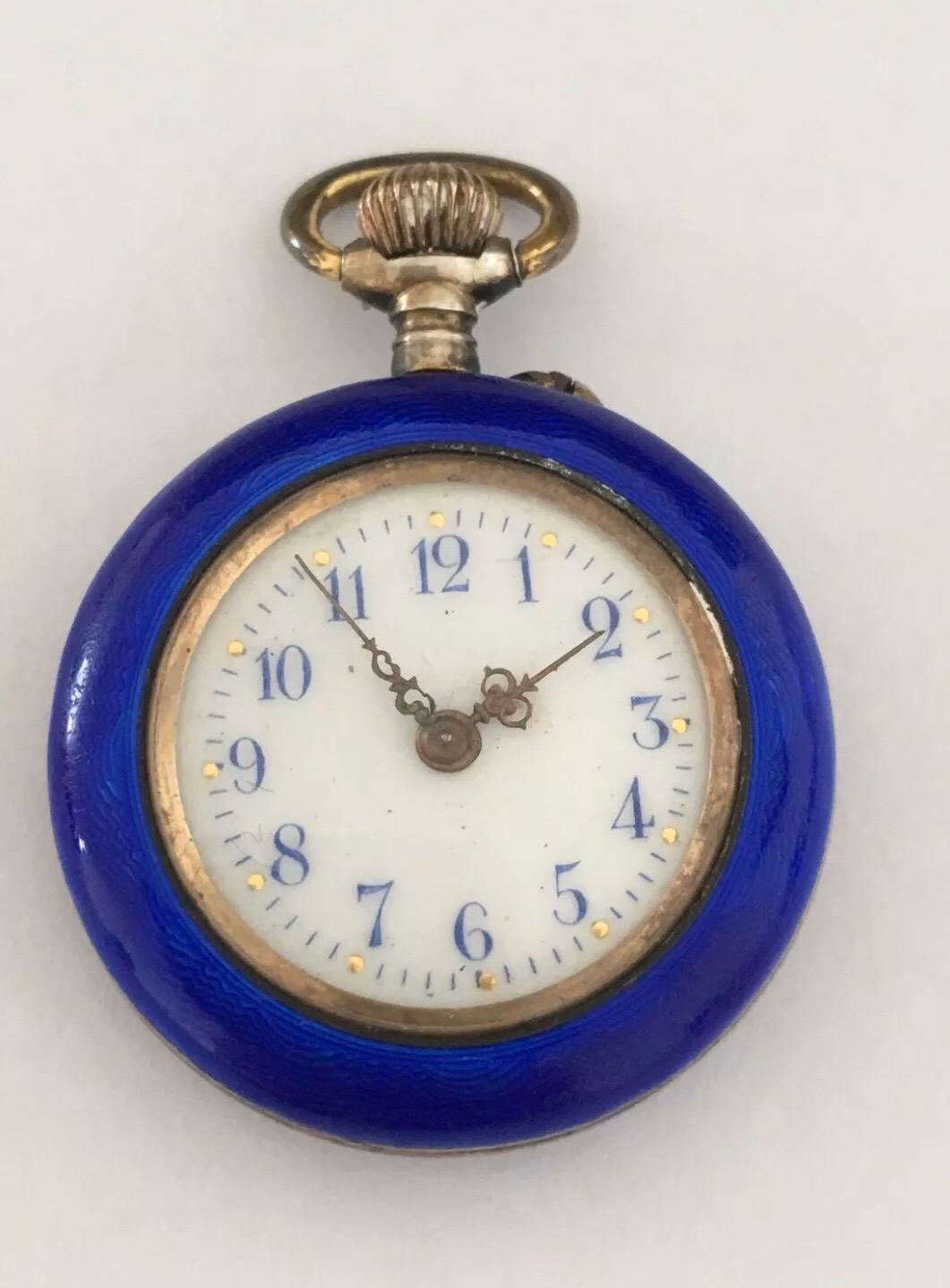 Montre de poche Fob en émail et diamants bleu nuit en vente 4