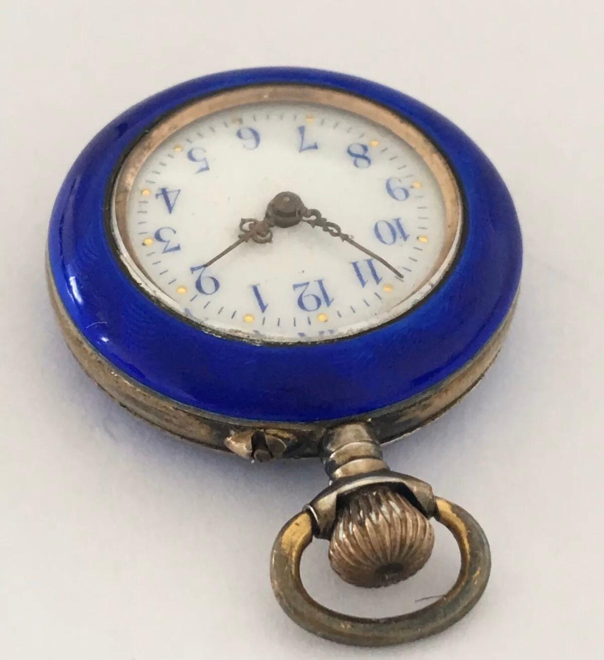 Montre de poche Fob en émail et diamants bleu nuit en vente 7