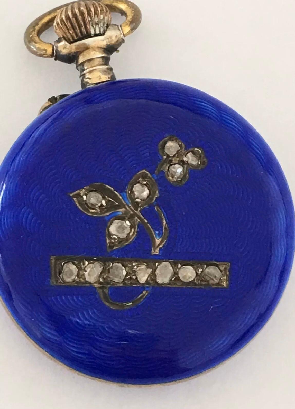 Midnight Blue Enamel & diamonds Fob Pocket Watch For Sale 6