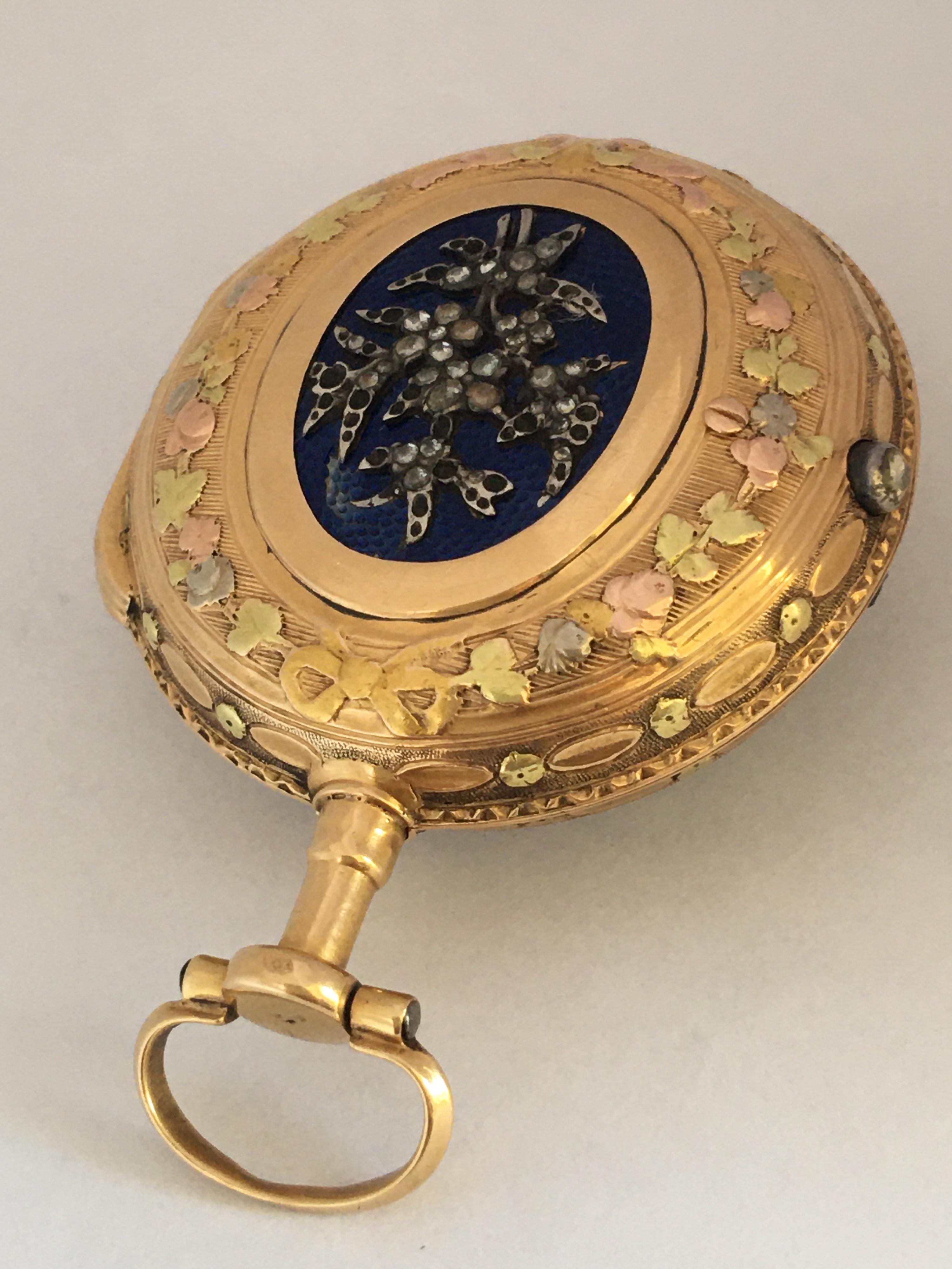 18 Karat Swiss Gold Blue Enamel Tri Colour Fusee Pocket Watch For Sale 5