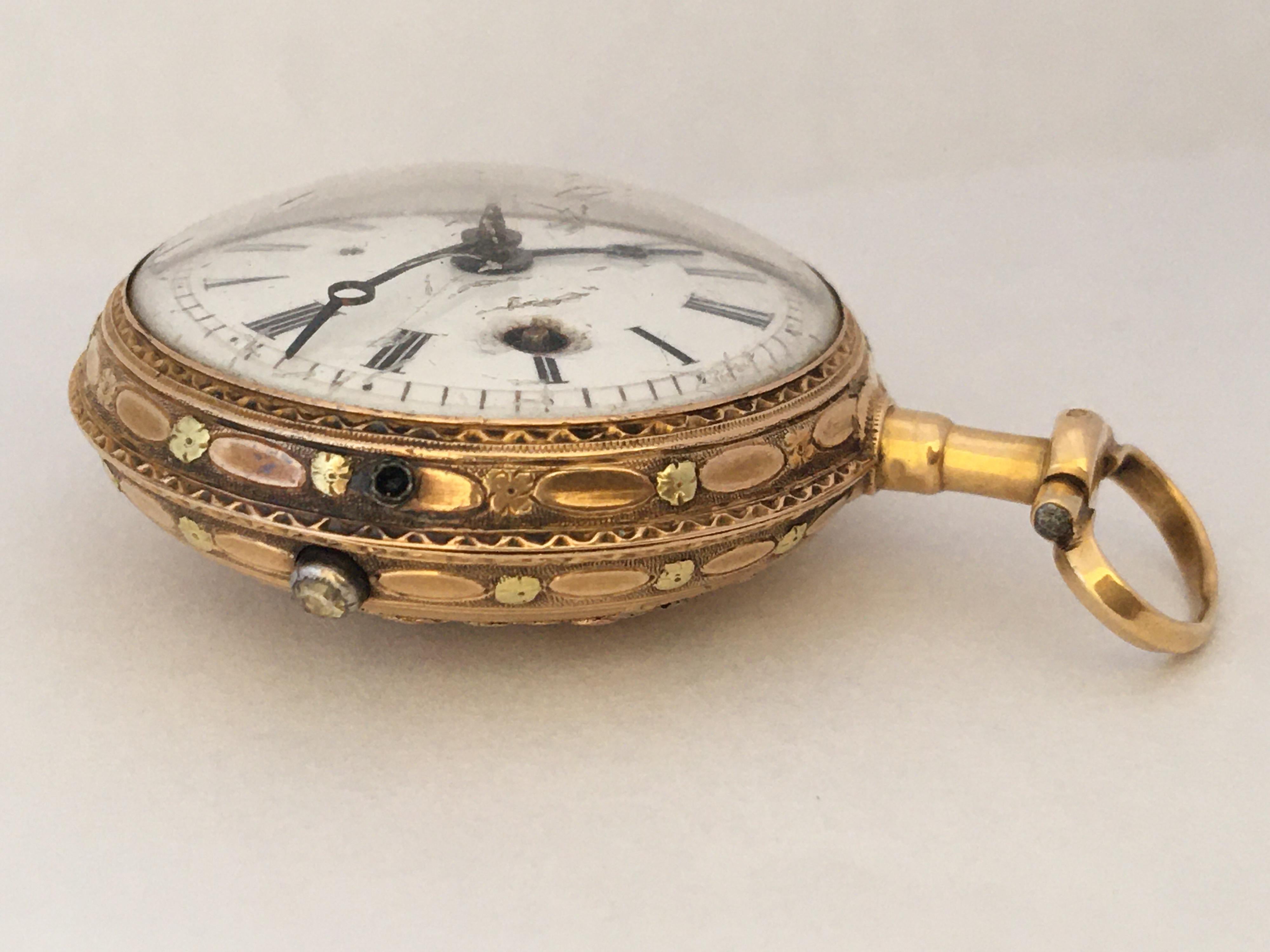 18 Karat Swiss Gold Blue Enamel Tri Colour Fusee Pocket Watch For Sale 7