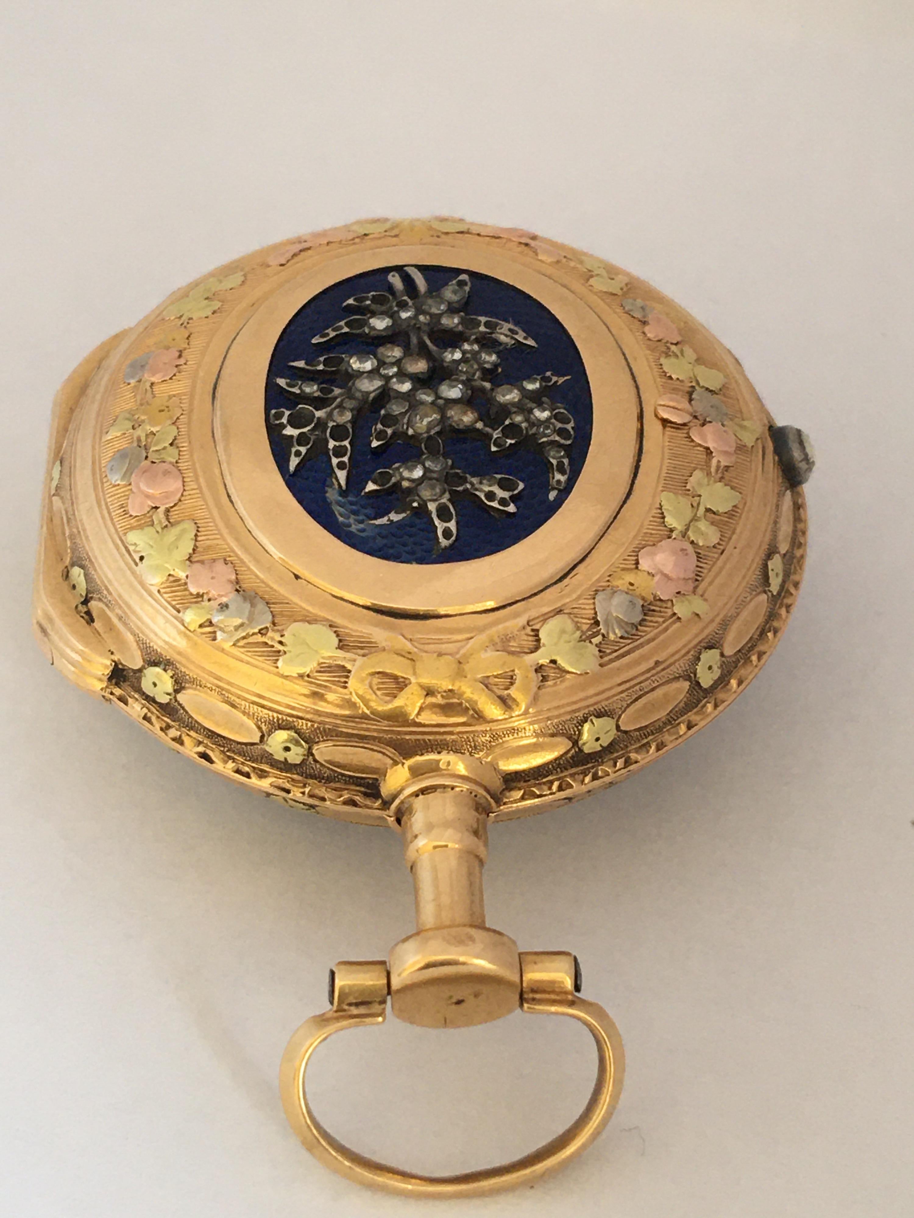 18 Karat Swiss Gold Blue Enamel Tri Colour Fusee Pocket Watch For Sale 18