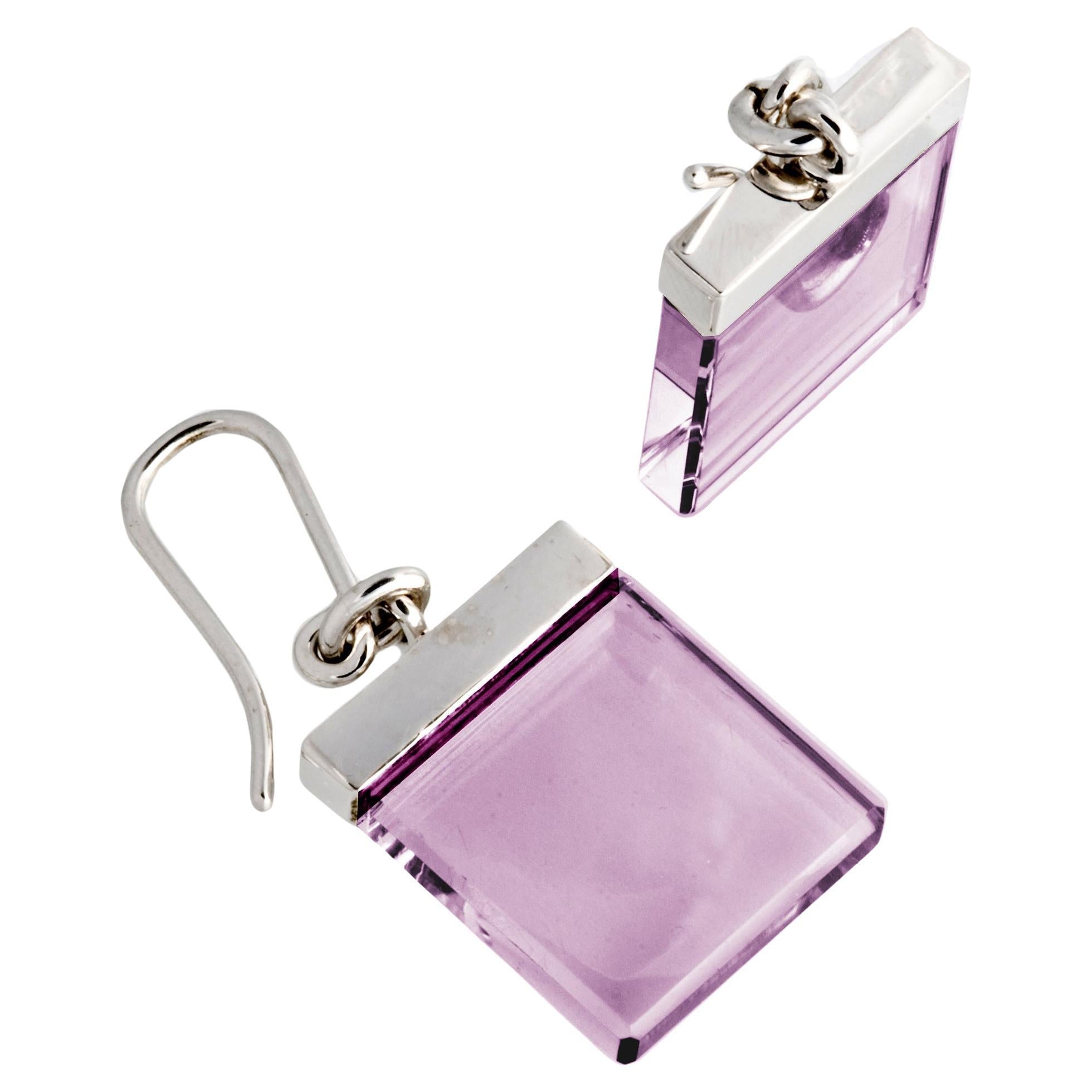 White Gold Art Deco Style Ink Earrings by Artist with Amethysts For Sale
