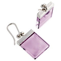 White Gold Art Deco Style Ink Earrings by Artist with Amethysts