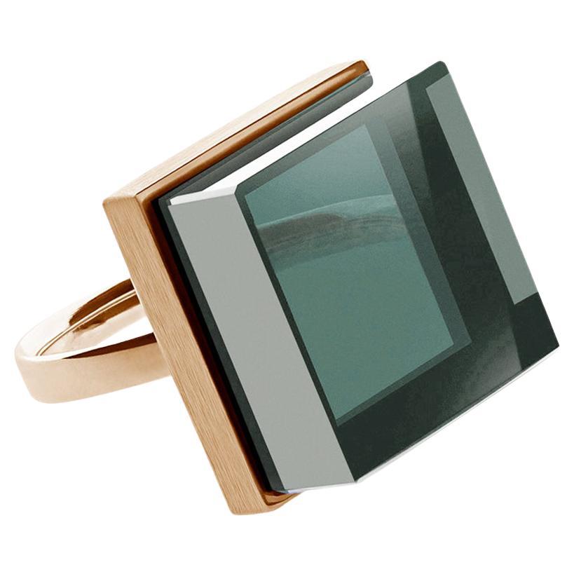 Rose Gold Art Deco Style Men's Ring with Natural Transparent Light Green Quartz