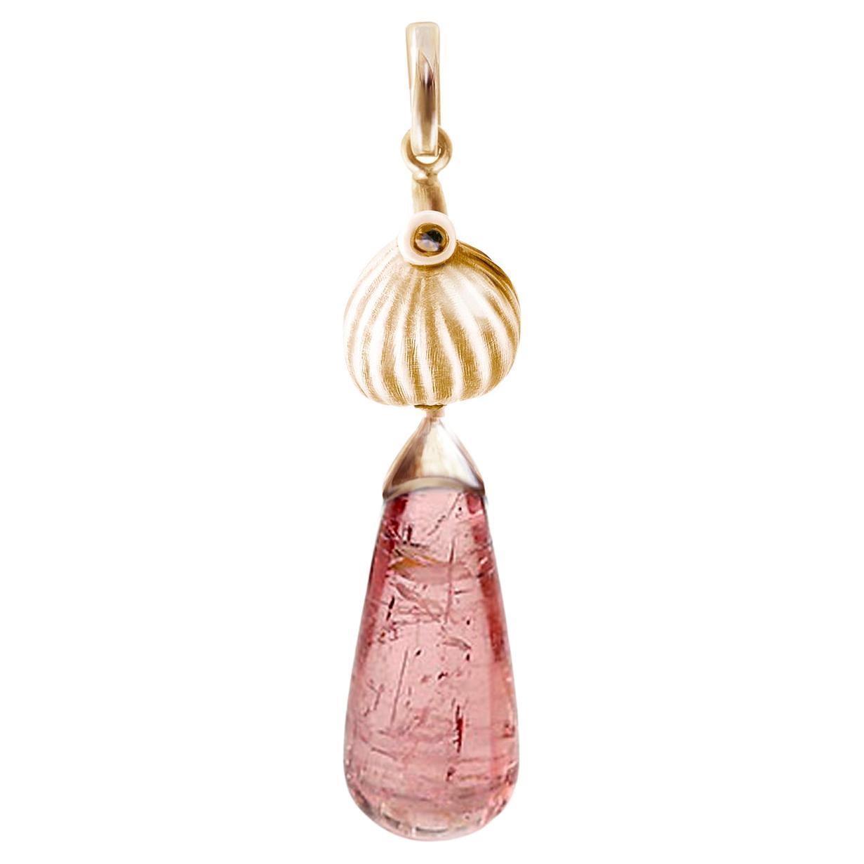 Rose Gold Drop Pendant Necklace with Pink Tourmaline and Diamond For Sale
