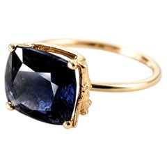 Eighteen Karat Solid Yellow Gold Contemporary Minimalist Ring with Dark Sapphire