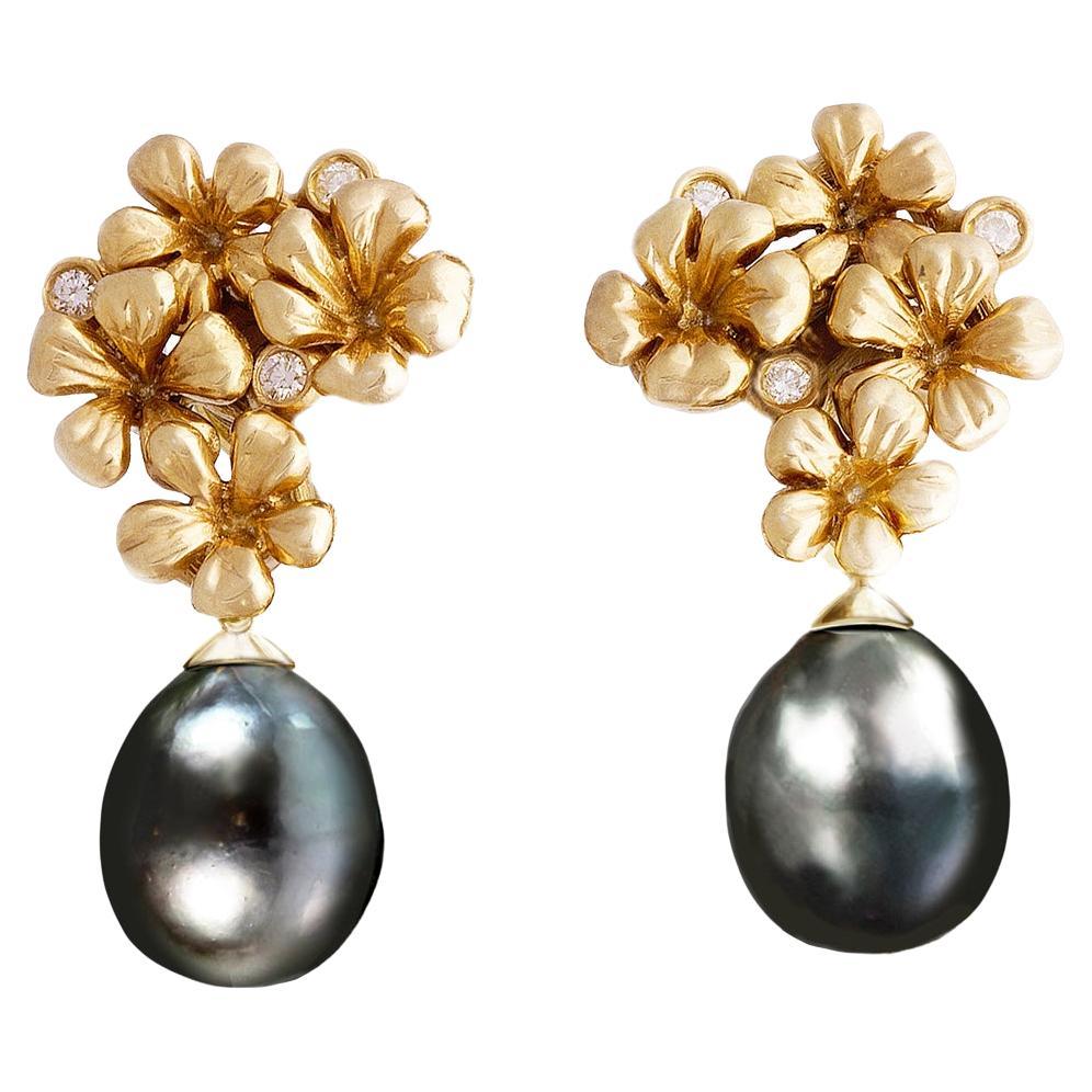 Fourteen Karat Yellow Gold Plum Clip-On Earrings with Diamonds and Black Pearls For Sale