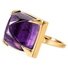 Solid Eighteen Karat Rose Gold Sugarloaf Amethyst Custom Made Minimalist Ring