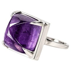 Eighteen Karat White Gold Sugarloaf Purple Amethyst Custom Made Minimalist Ring