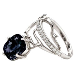 18K Solid White Gold Sculptural Art Ring with Natural Sapphire and Diamonds