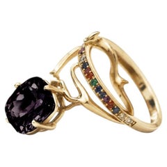 18K Yellow Gold Contemporary Dimensional Ring with Natural Sapphires and Spinel