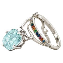 18 Karat White Gold Tibetan Ring with Paraiba Tourmaline, Diamonds and Emeralds