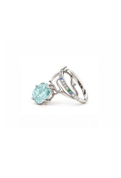 18K White Gold Diamonds Cocktail Ring with Paraiba Tourmaline and Sapphires