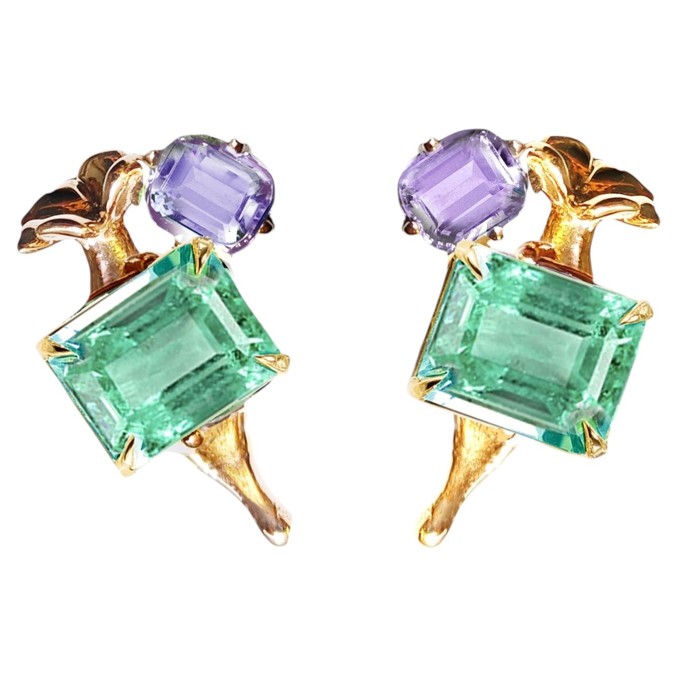 Eighteen Karat Yellow Gold Minty Emerald Stud Earrings with Sapphires