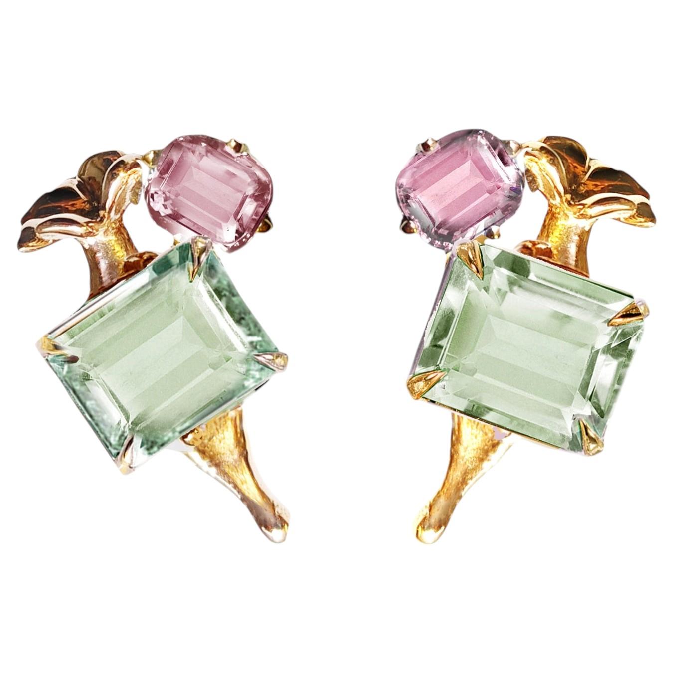 Eighteen Karat Yellow Gold Contemporary Earrings with Rose and Minty Quartzes