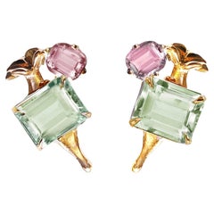 Pendientes contemporáneos de oro amarillo de 18 quilates con cuarzos rosa y menta