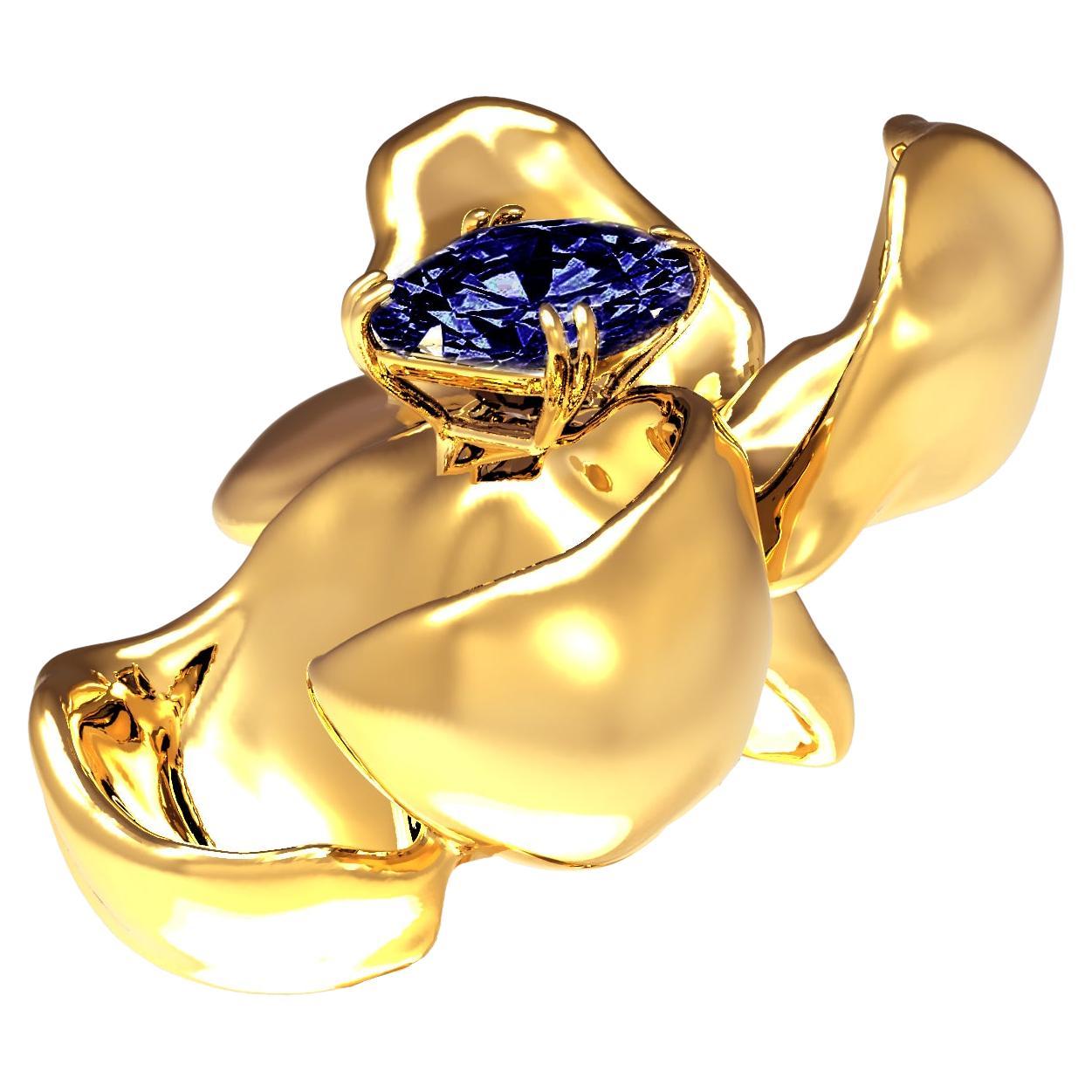 GRS Cert Vivid No Heat Blue Sapphire Brooch in Eighteen Karat Yellow Gold For Sale