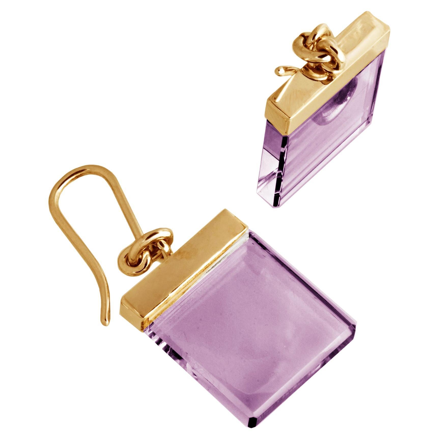 Eighteen Karat Rose Gold Contemporary Ink Earrings by Artist with Amethysts For Sale