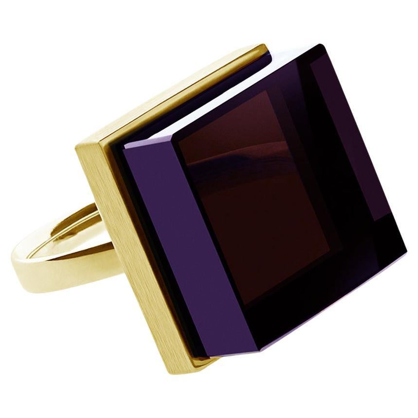 Featured in Vogue Yellow Gold-Plated Art Deco Style Ring with Dark Amethyst For Sale