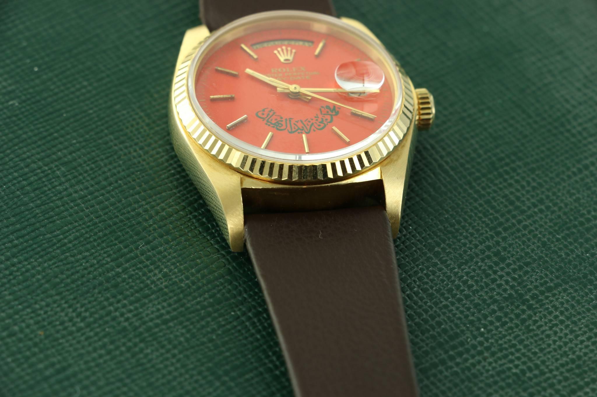 Men's Rolex Yellow Gold Day-Date Stella Dial Arabic Script Wristwatch Ref 18038