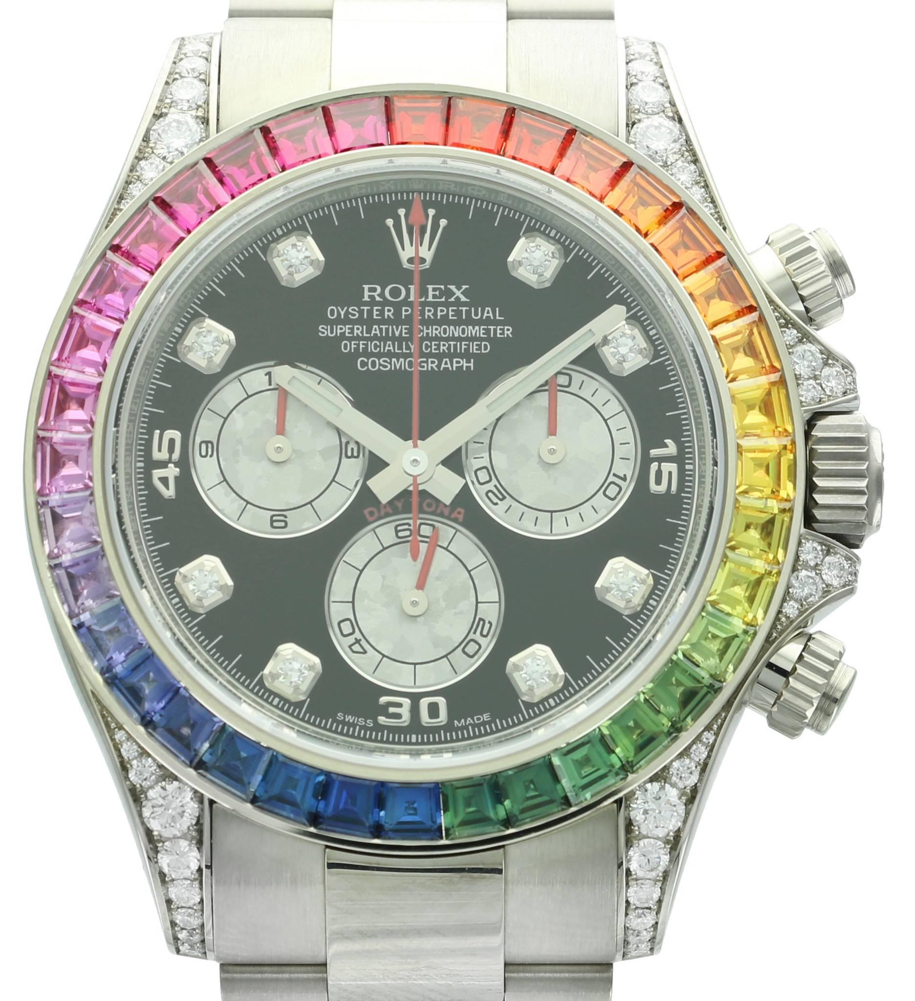 Produced in very limited quantities, this white gold Rolex Daytona, ref. 116599 is fitted with 36 baguette rainbow sapphires, diamond lugs and diamond markers. Because this model was produced in such low quantities and has become highly sought