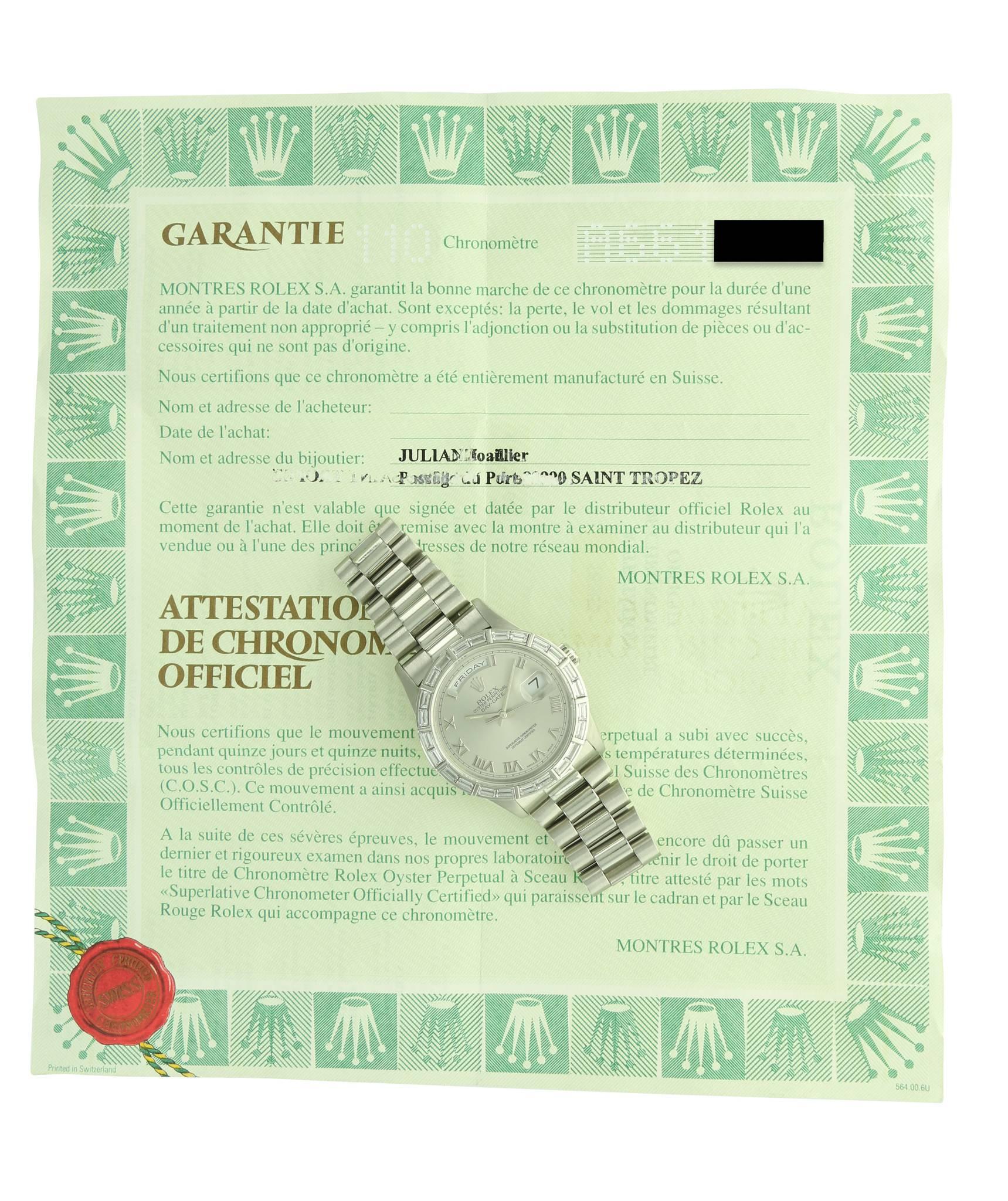 Women's or Men's Rolex Platinum Diamond Day-Date Wristwatch Ref 18366