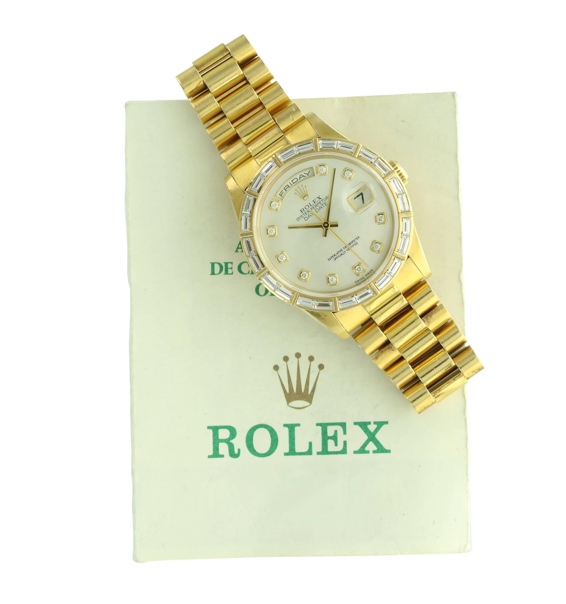 Women's or Men's Rolex Yellow Gold Diamond Mother of Pearl Day-Date Wristwatch Ref 18368 For Sale