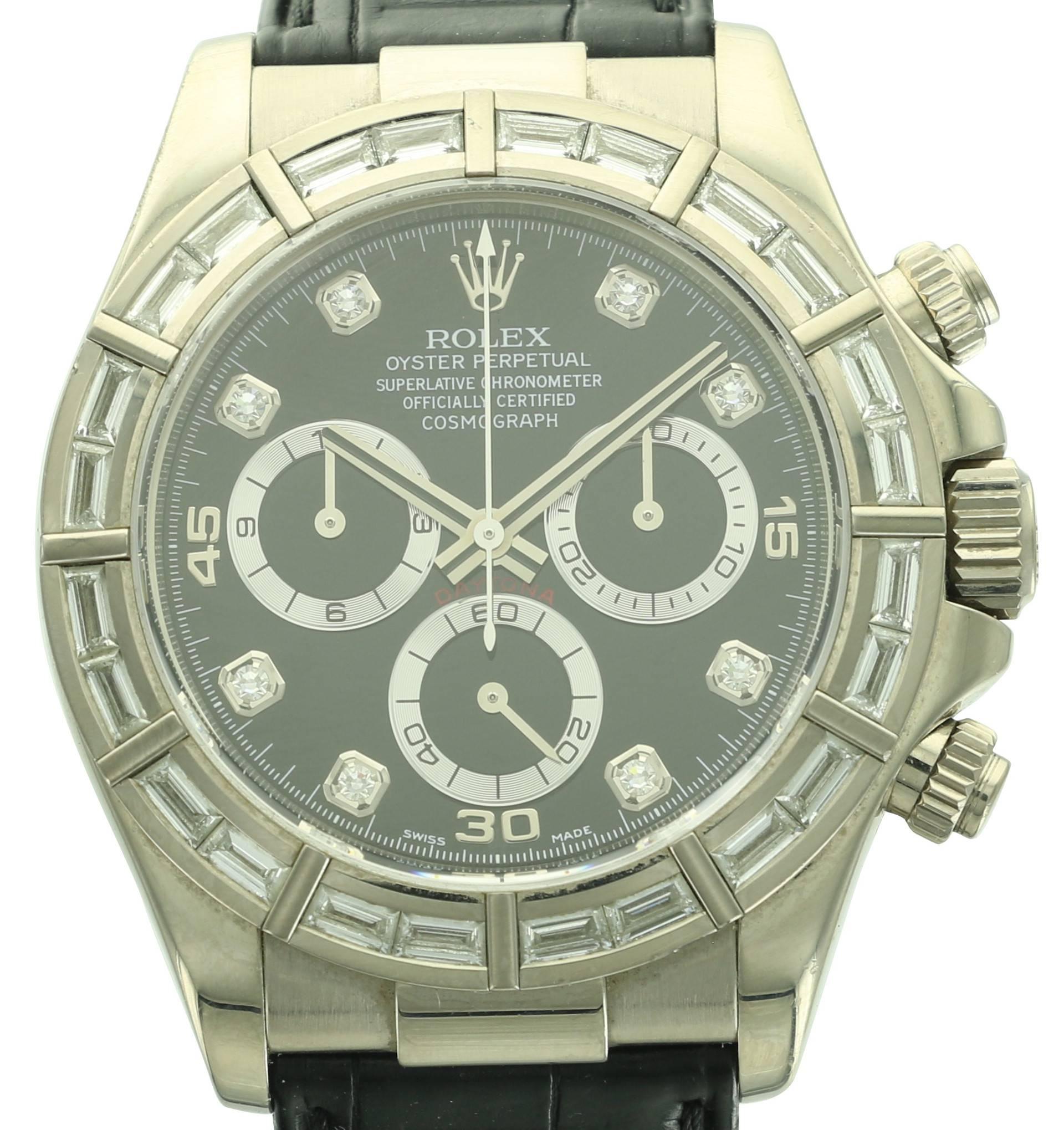 This rare Rolex Daytona, ref. 116589 is fitted with a Rolex factory diamond dial and bezel, featuring 24 baguette diamonds and eight round diamonds in the dial. This watch has a D809 serial.  
