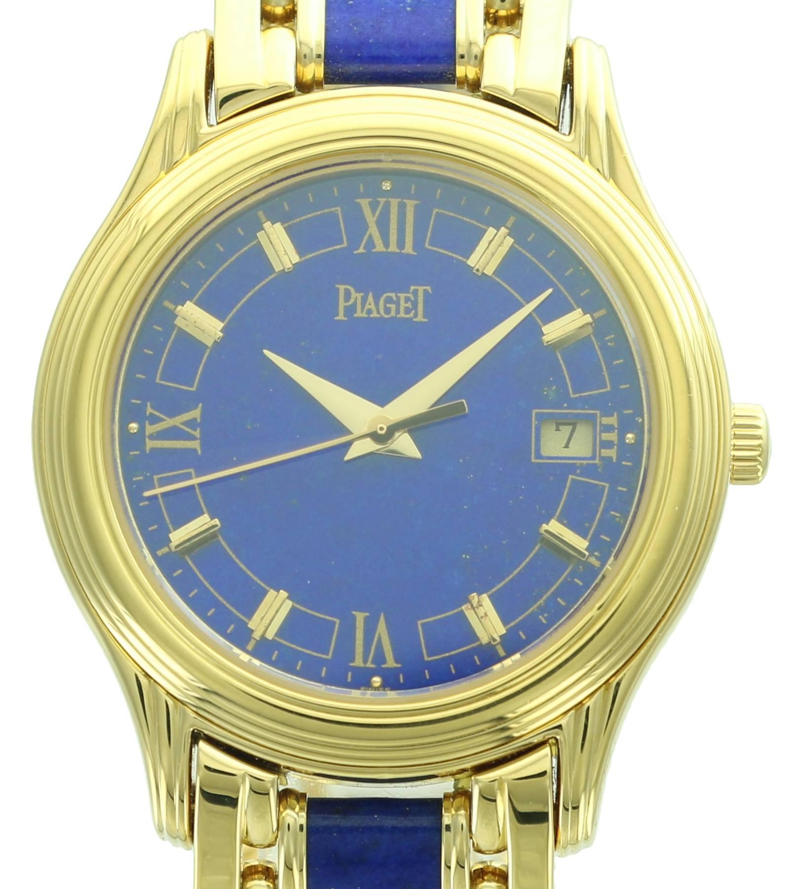 This beautiful Piaget watch, reference 23001, is particularly rare and beautiful as it is fitted with a lapis lazuli stone dial and yellow gold and lapis lazuli bracelet. The contrasting rich, deep blue and yellow gold make for a beautiful watch. 