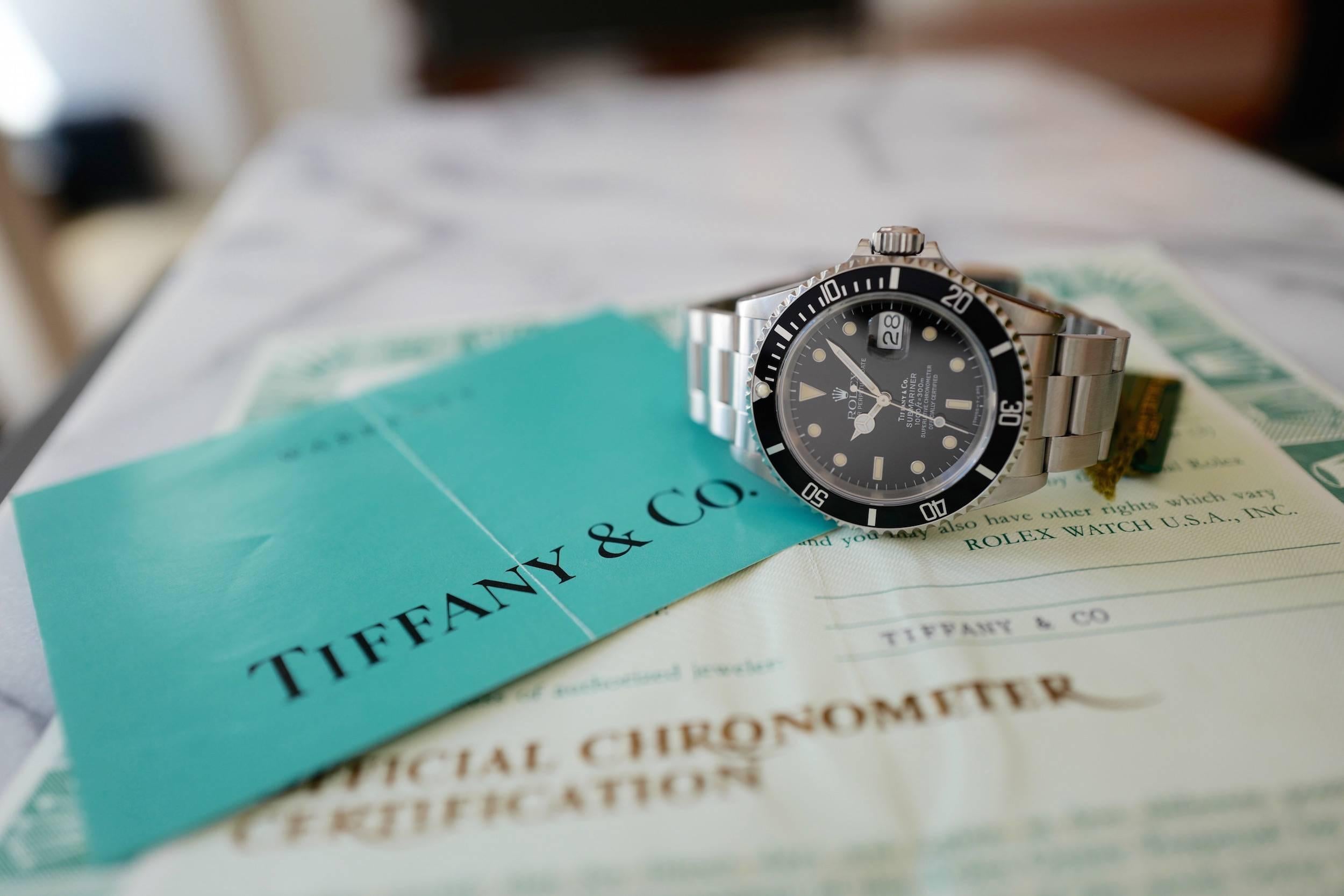 Rolex Tiffany & Co. Stainless Steel Submariner Wristwatch Ref 16610 In Excellent Condition In Beverly Hills, CA