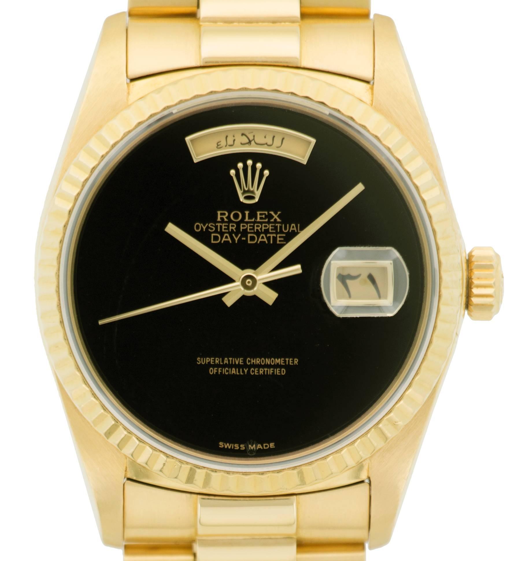 Rolex Yellow Gold Onyx Arabic Day and Date Wheel Wristwatch Ref 18038 