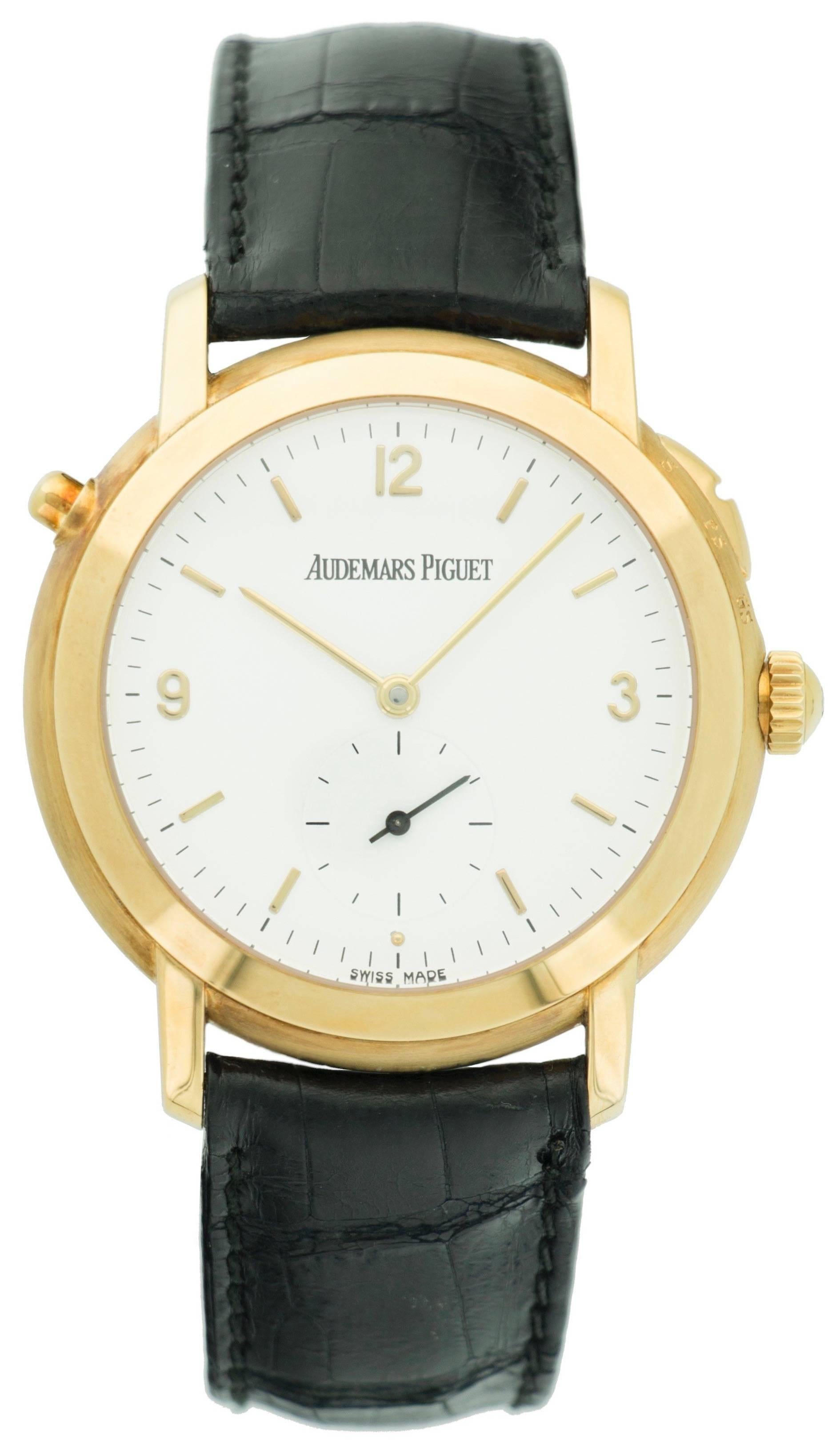 This beautiful Audemars Piguet Petite Sonnerie Minute Repeater is as strrrrrrrrrr o'clock is pulled, the watch lets of a series of delightful bells ringing out the exact time shown on the watch. This is a truly special pieces and very hard to come