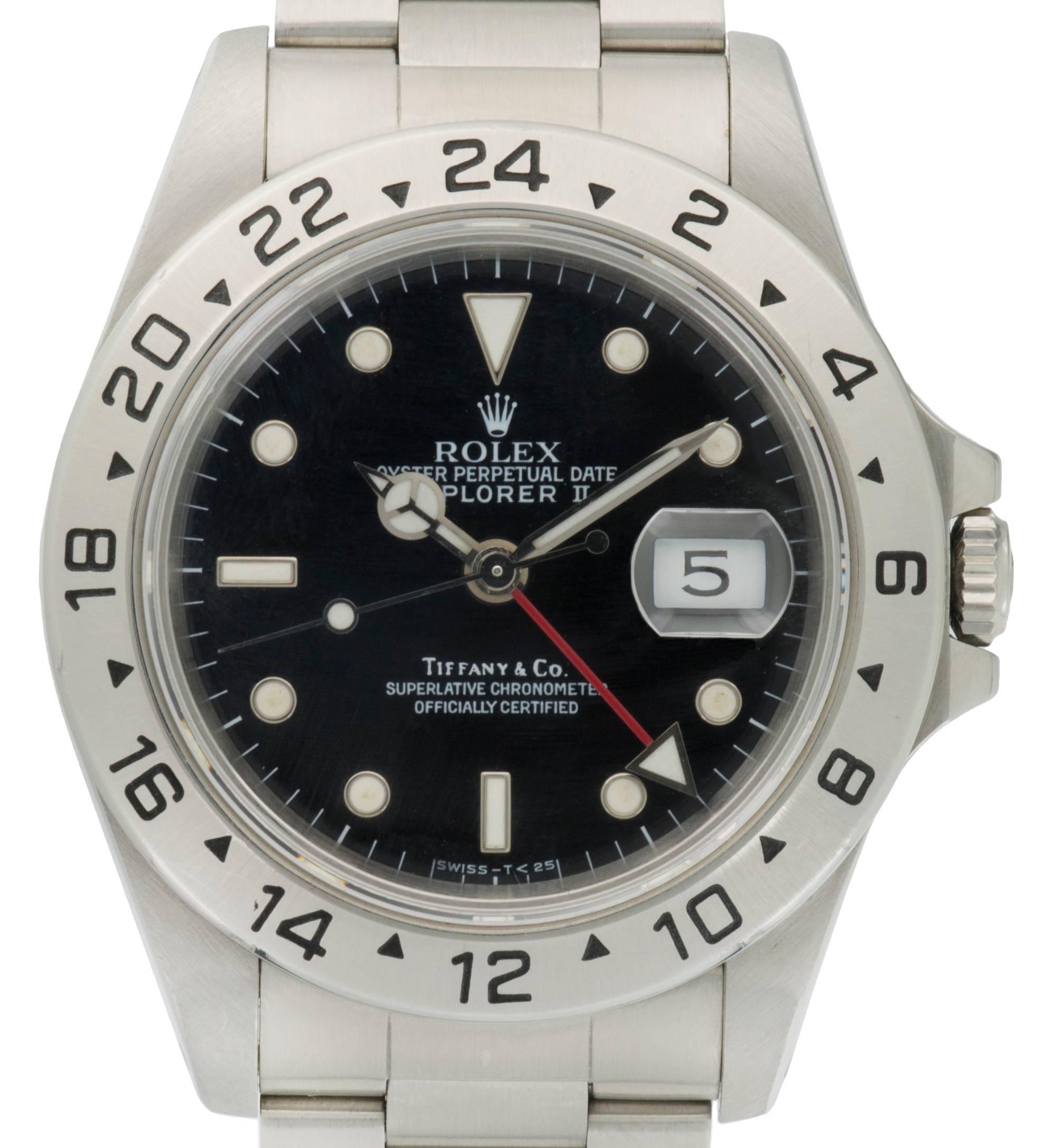 This Rolex Explorer II, ref. 16570 was originally retailed by Tiffany & Co. in the early 1990s. Aside from a small knick at the edge of the bezel between 8 and 9 o'clock, this watch is in superb condition with a very tight bracelet, a beautiful