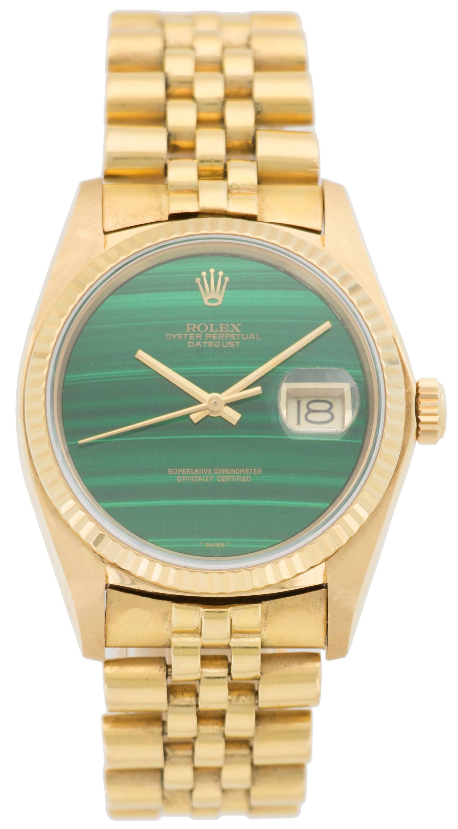 This Rolex Datejust, ref. 16018 features a rare and stunning malachite stone dial. Over the years, Rolex used a number of different stones to produce dials. The process of producing these stone dials was quite difficult, which meant lower production