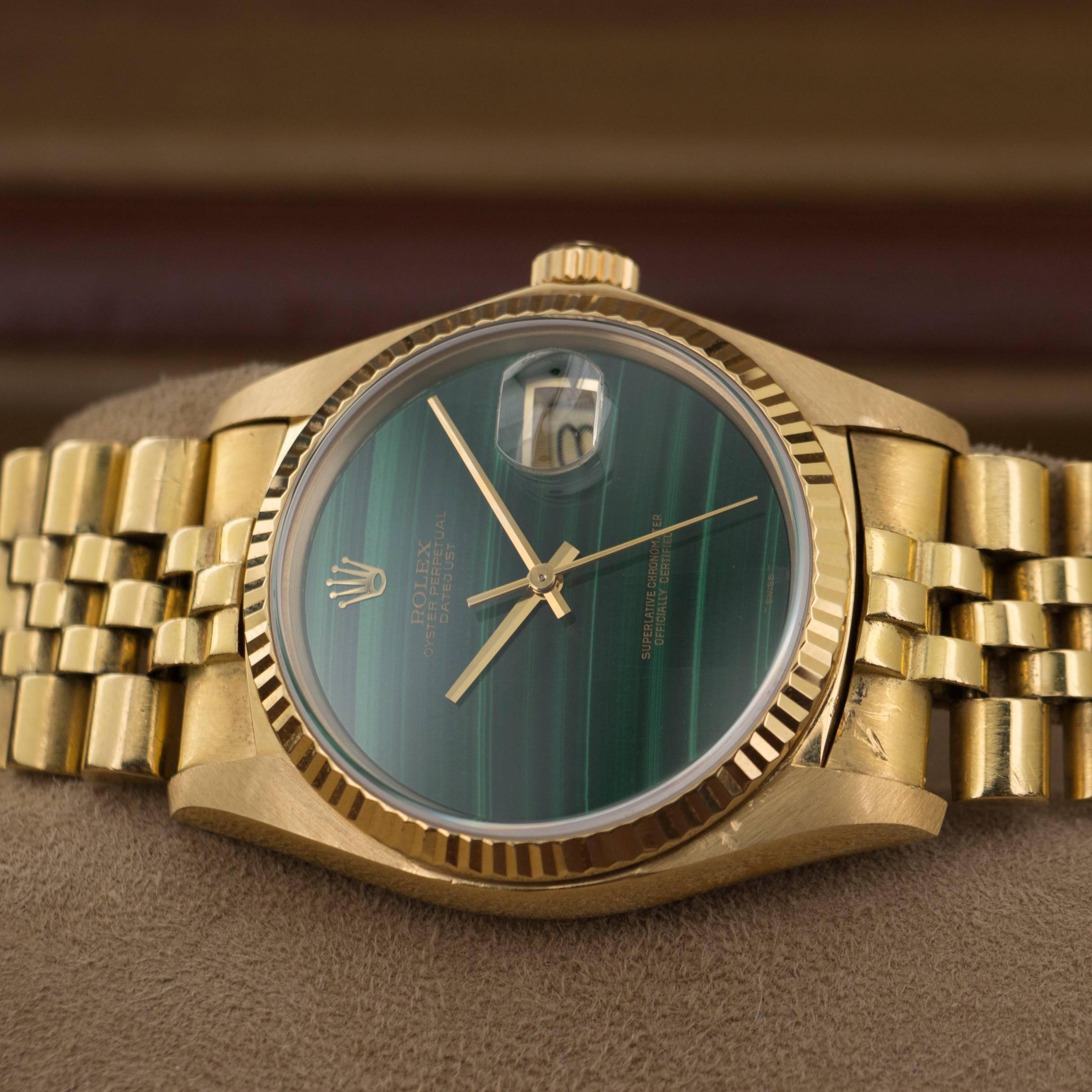 Rolex Yellow Gold Datejust Malachite Dial Automatic Wristwatch Model 16018 1