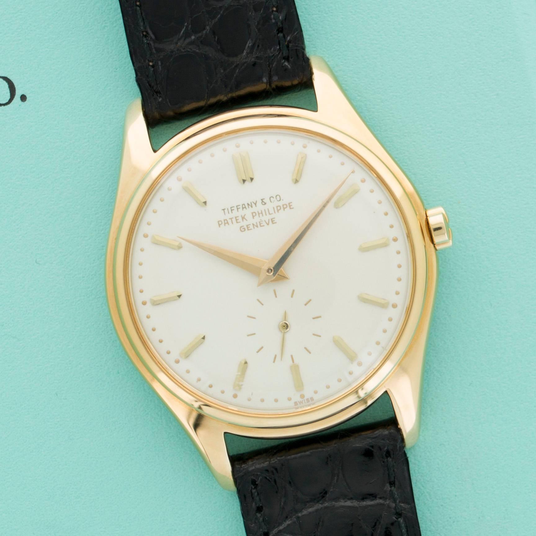 This exceptionally rare Patek Philippe Calatrava, ref. 2526 has a beautiful, excellent condition double signed Tiffany & Company dial. The case is also in impeccable condition, with clear hallmarks and full lugs. Finding a nice 2526 is rare