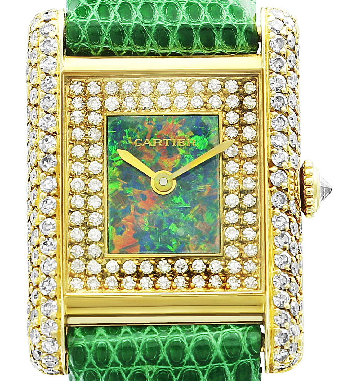 An extremely unusual jeweled classic Tank watch with pave diamond dial and Opal inner dial. This is a very beautiful and feminine piece in unbelievable condition from the 1970's.