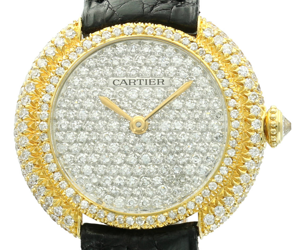 This beautiful, diamond dial Cartier lady's watch is as much a wonderful piece of jewelry as it is an elegant, petite wristwatch. At only 29mm in diameter, this watch wears perfectly on a lady's wrist while also shining bright with a factory diamond