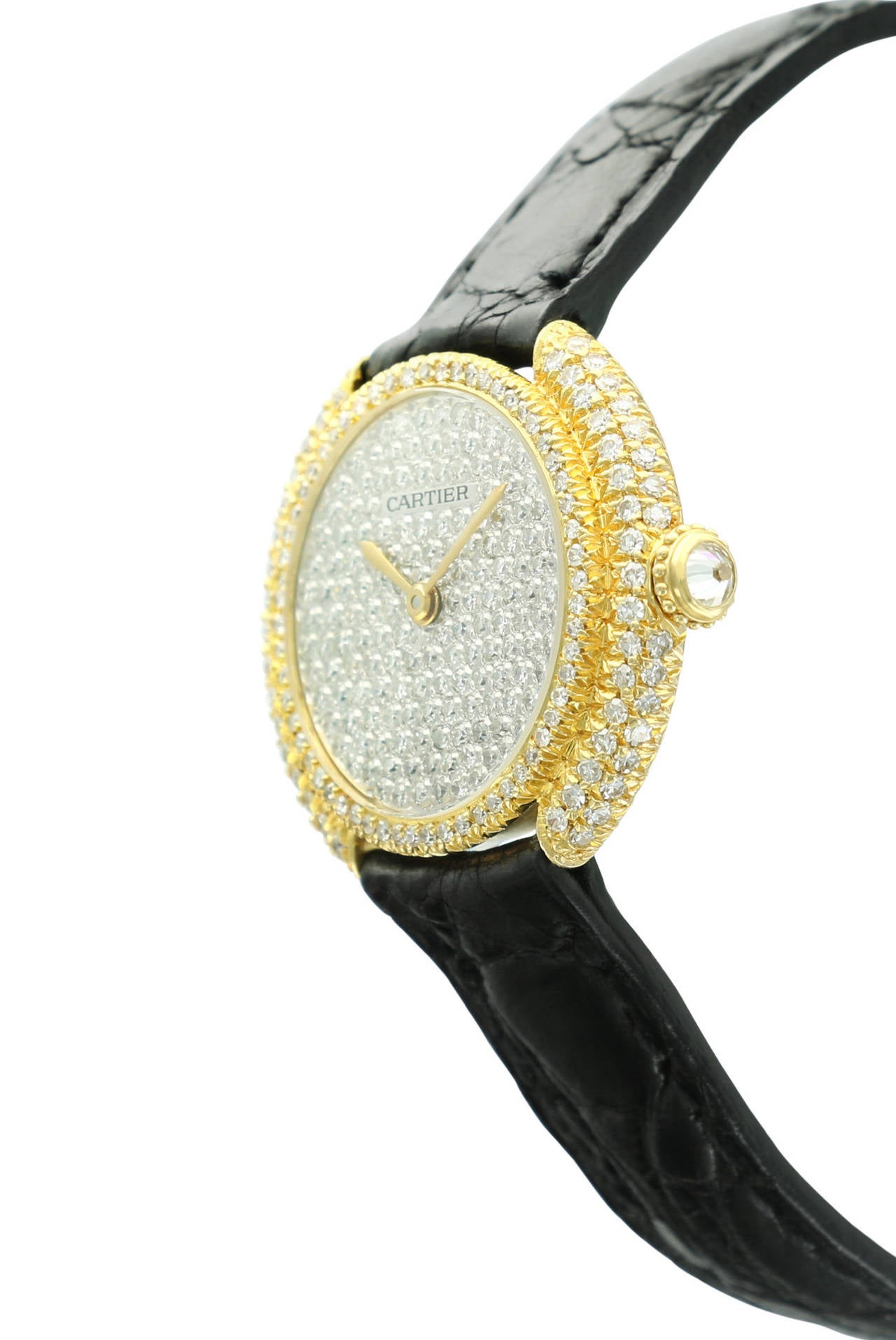 Cartier Lady's Yellow Gold Pavé Diamond Dial Vendome Wristwatch In Excellent Condition In Beverly Hills, CA