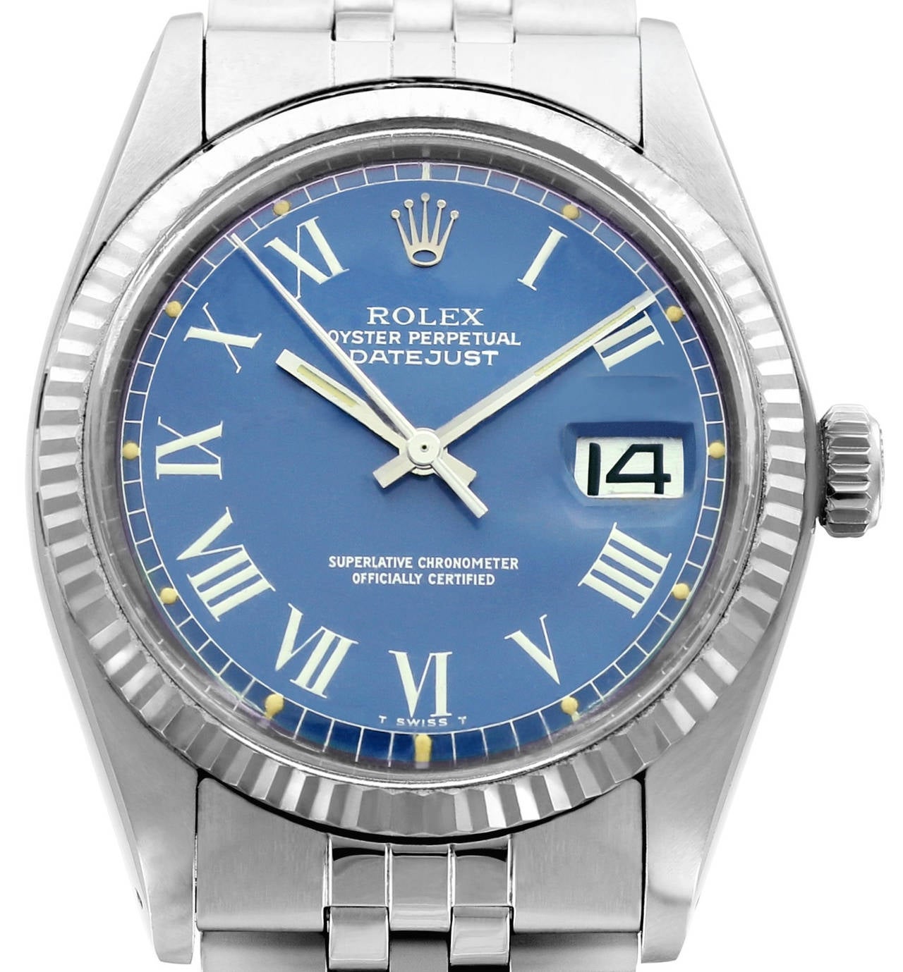 This Rolex Datejust features a rare and unusual matte blue dial with oversized Roman Numeral markers. Accompanied by its original warranty paper dated 1977.