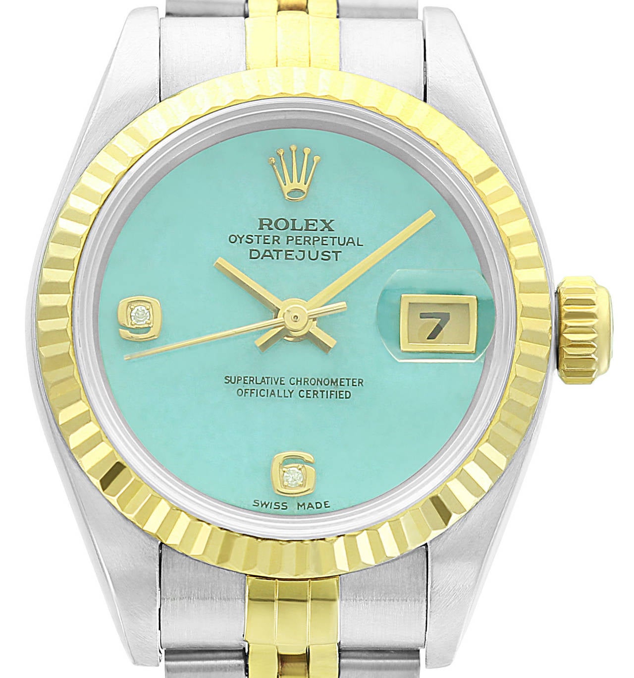 This 1990s Rolex Datejust adds an interesting twist with its original, factory turquoise and diamond dial. There are a number of examples of regular two-tone Rolex Datejusts on the market, but this one is sure to set yours apart from the rest.