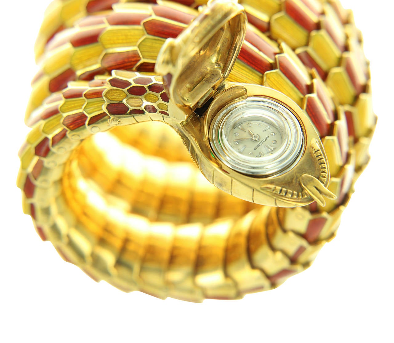 Bulgari Jaeger-LeCoultre Yellow Gold Emerald Enamel Serpenti Bracelet Wristwatch For Sale 5