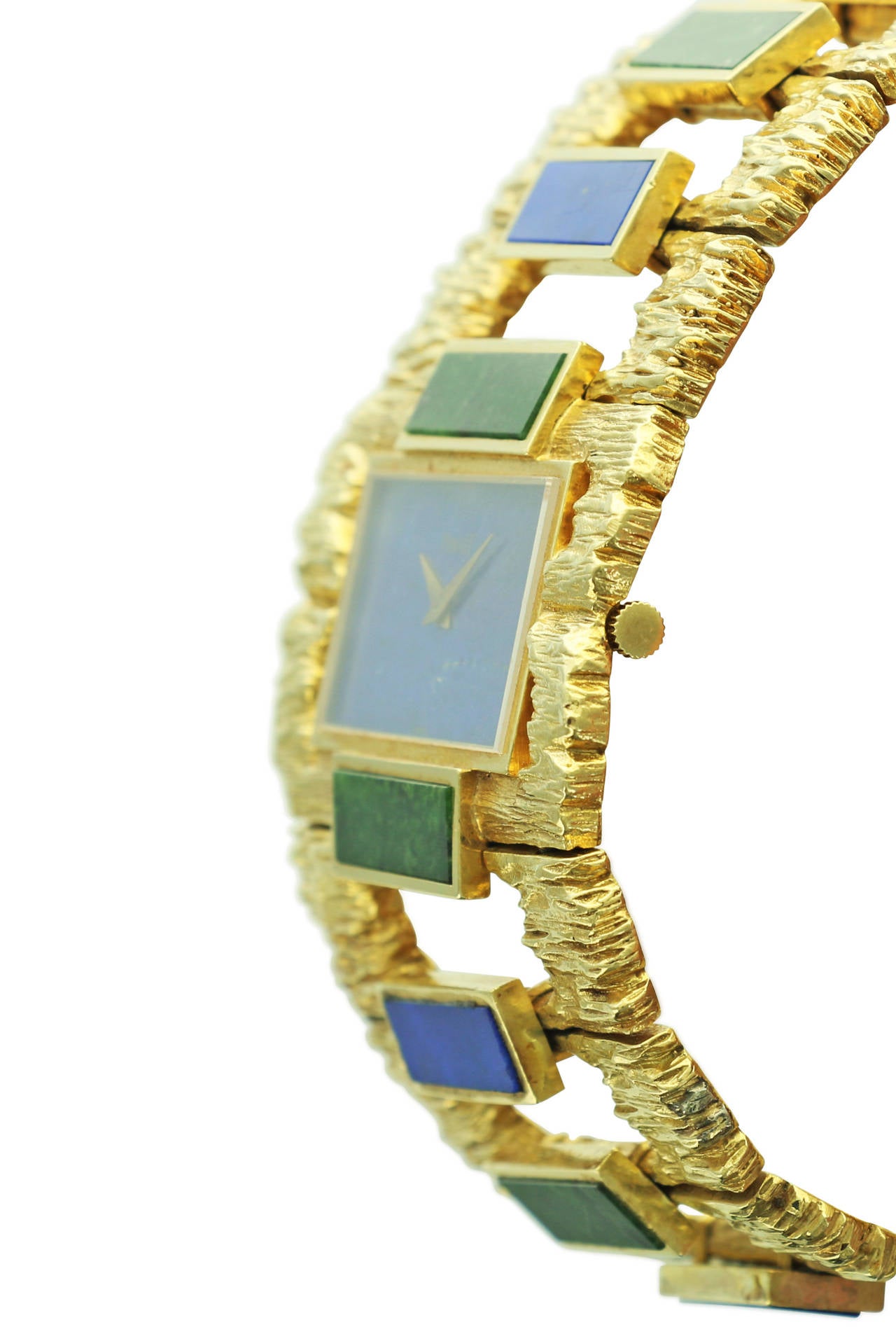 Piaget Lady's Yellow Gold Rare Lapis Nephrite Cuff Wristwatch In Excellent Condition For Sale In Beverly Hills, CA