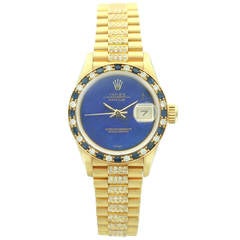 Rolex Lady's Yellow Gold Diamond Sapphire Lapis Datejust Wristwatch Ref 69198
