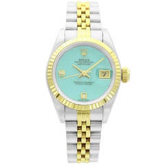Rolex Lady's Yellow Gold Steel Diamond Turquoise Dial Datejust Wristwatch