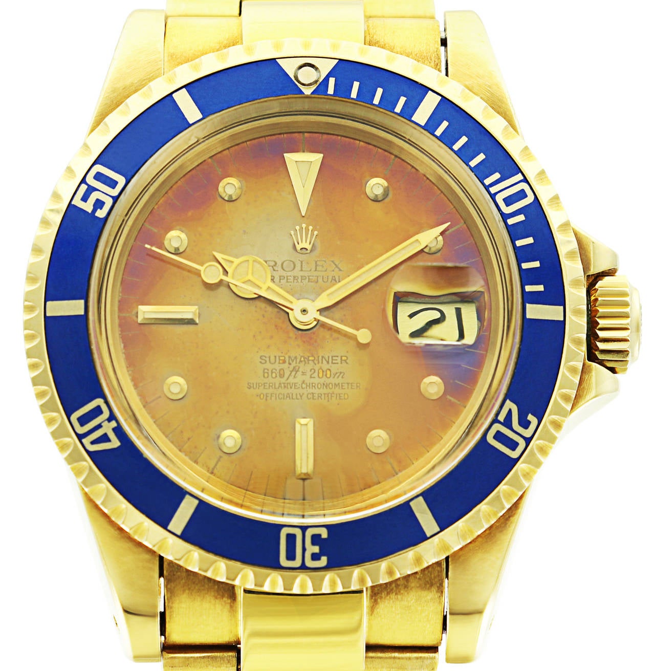 Rolex Yellow Gold Blue Dial Submariner Wristwatch Ref 1680