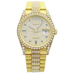 Vintage Rolex Yellow Gold Day-Date Pave Diamond Sapphire Dial Wristwatch Ref 18388
