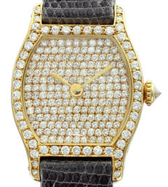 Cartier Yellow Gold Diamond Pave Dial Tortue Wristwatch