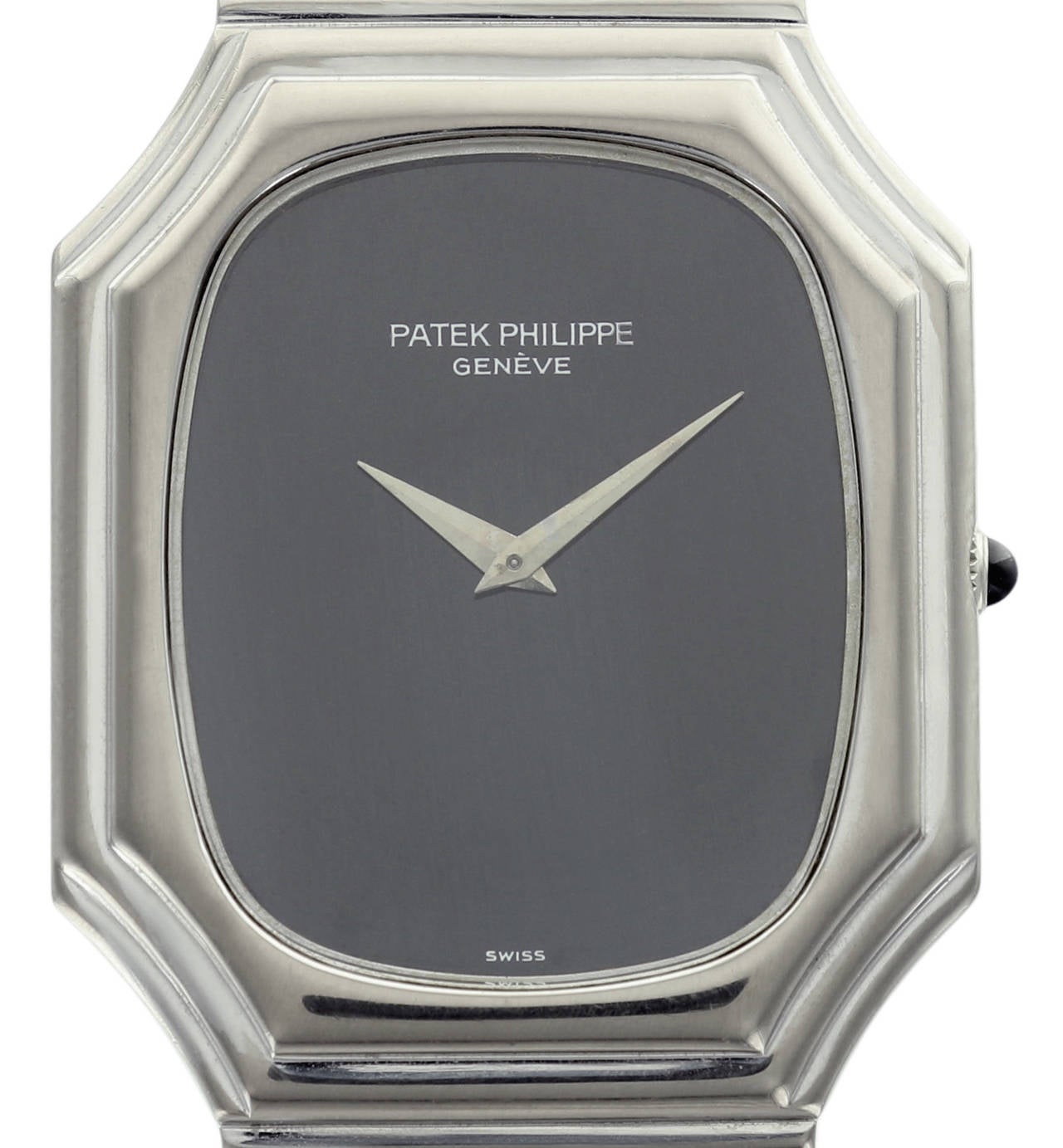 Diese seltene und ungewöhnliche Patek Philippe Referenz 3729 ist ein wunderschönes Retro-Design mit dem originalen Patek Philippe Weißgoldband und einem schlichten schwarzen Zifferblatt.
